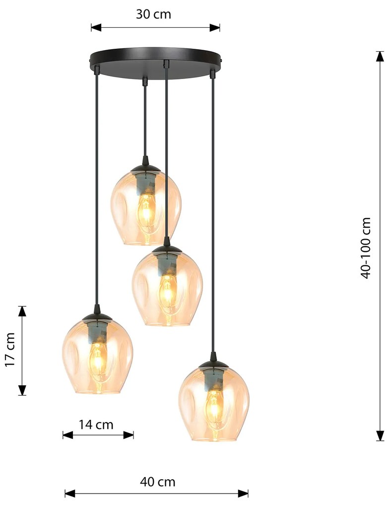 Lampadario 4 Luci Fuxi Base Tonda In Acciaio Nero E Vetri Ambra