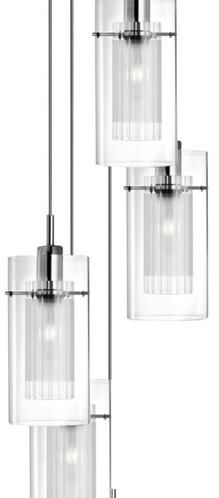 Lampadario Contemporaneo Duo 1 Acciaio Argento Vetro Cromo 5 Luci E14