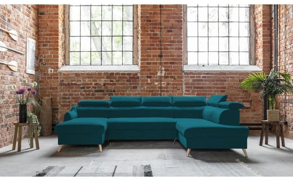 Divano letto angolare a U in velluto turchese (angolo destro) Sweet Harmony - Miuform