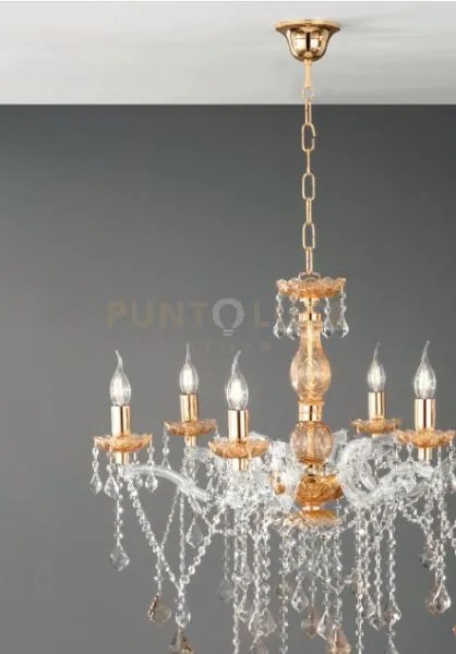 Lampadario damasco 8 luci ambra e oro attacco e14 d.82cm