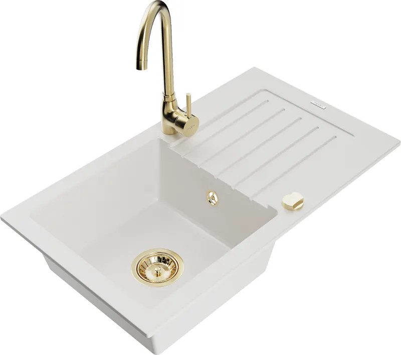 Mexen Pablo lavello in granito a vasca singola con scolapiatti e rubinetto cucina Telma, bianco - 6510-20-670200-50