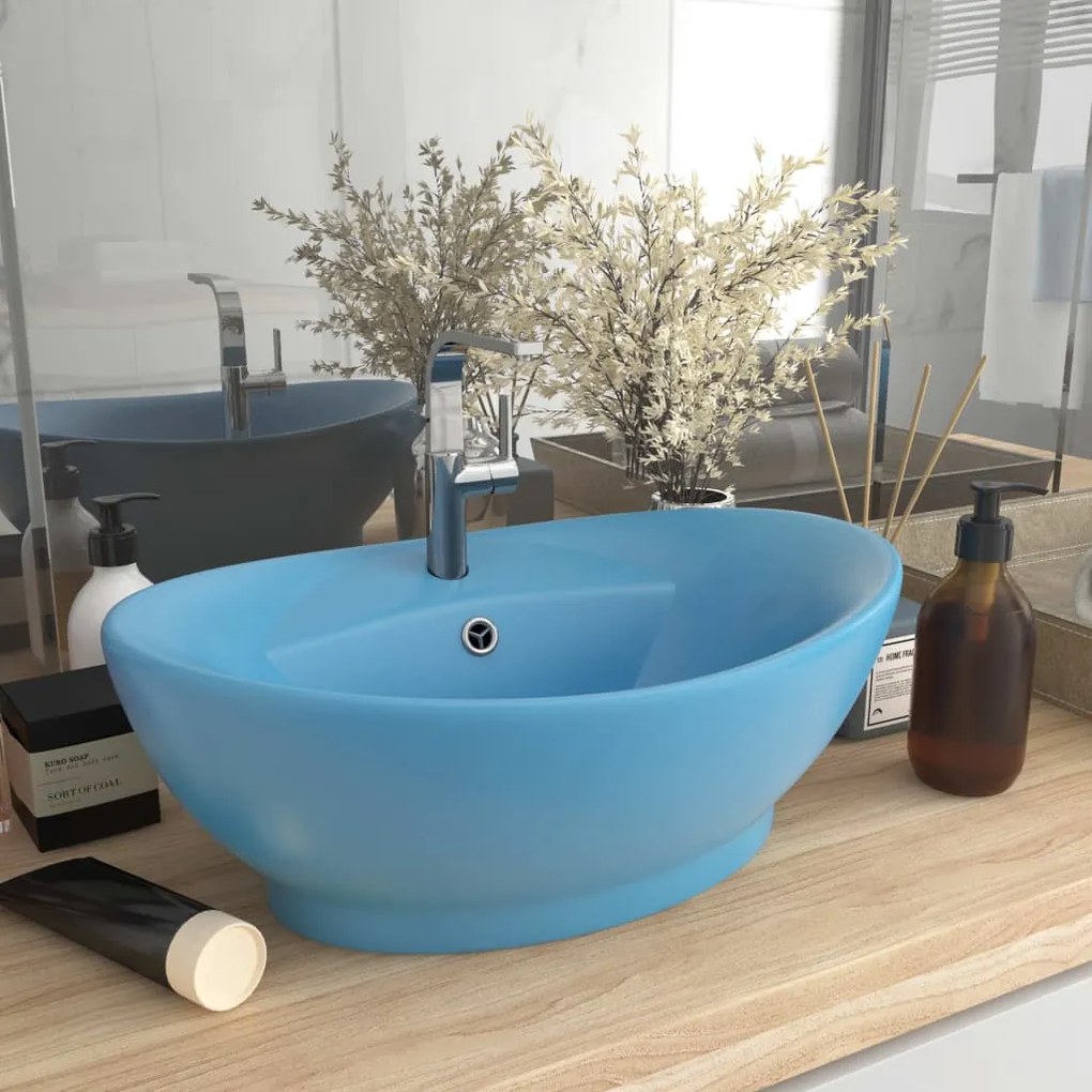 Lavabo Con Troppopieno Ovale Azzurro Opaco 58,5x39 Cm Ceramica /
