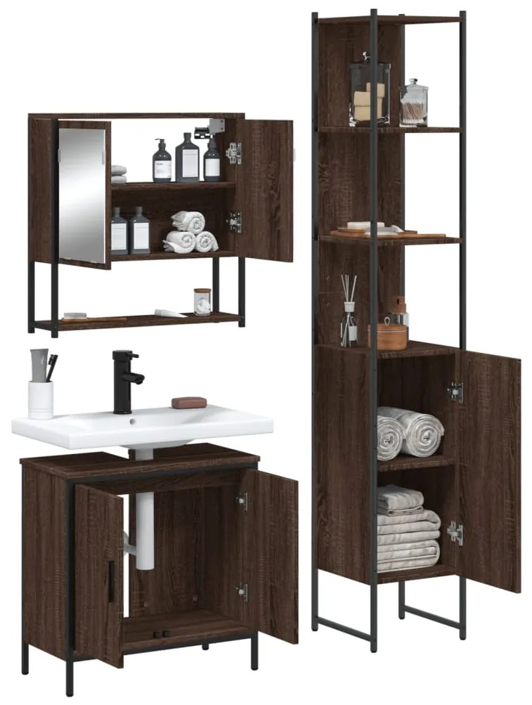 Set mobili da bagno 3 pz rovere marrone in legno multistrato