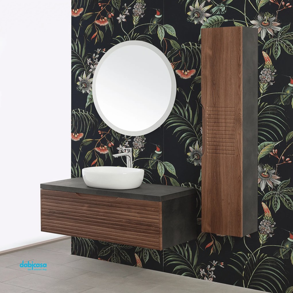 Mobile Bagno Sospeso "Ravello" Da 110 Cm Composto Da Un Cassetto Lavabo E Specchio Finitura Noce Canaletto/Ardesia