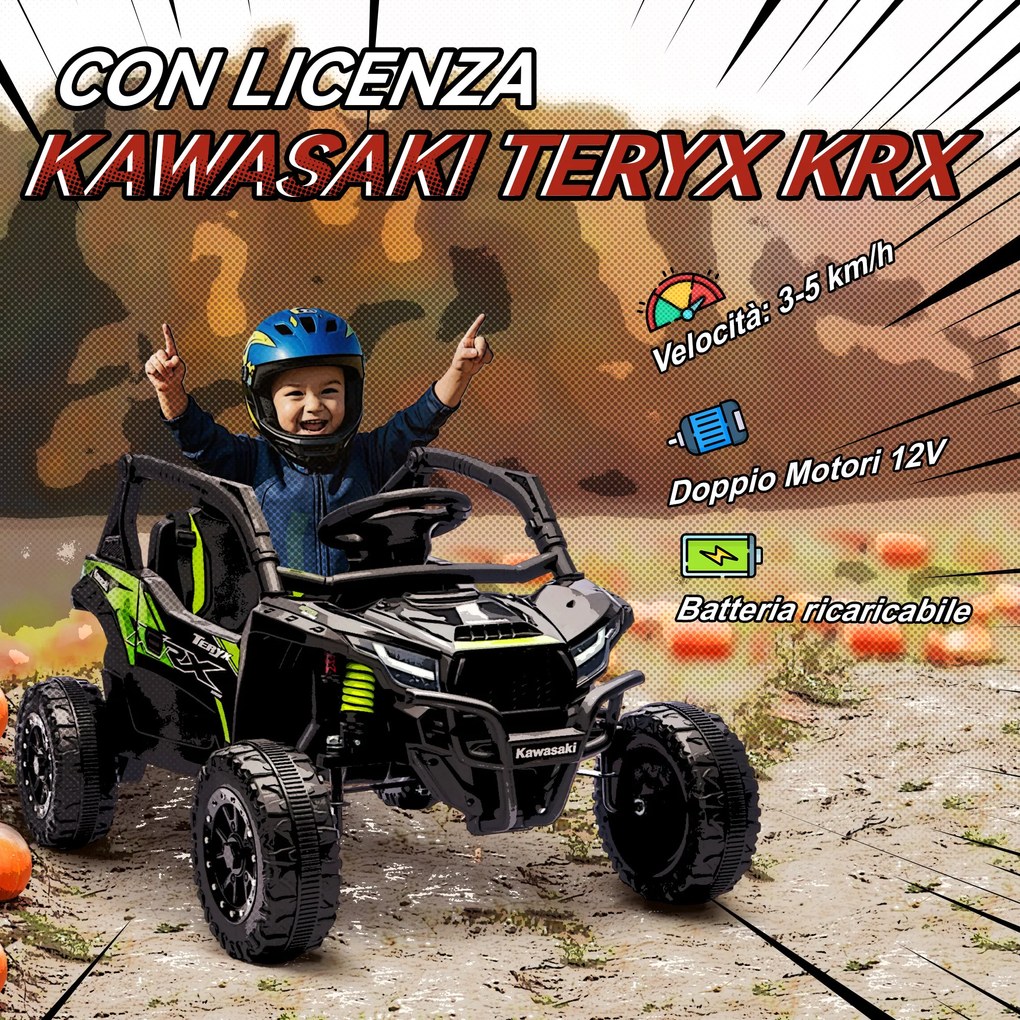 Macchina Elettrica per Bambini 3-5 Anni 12V con Licenza Kawasaki Doppio Motore Telecomando e Musica Nero...