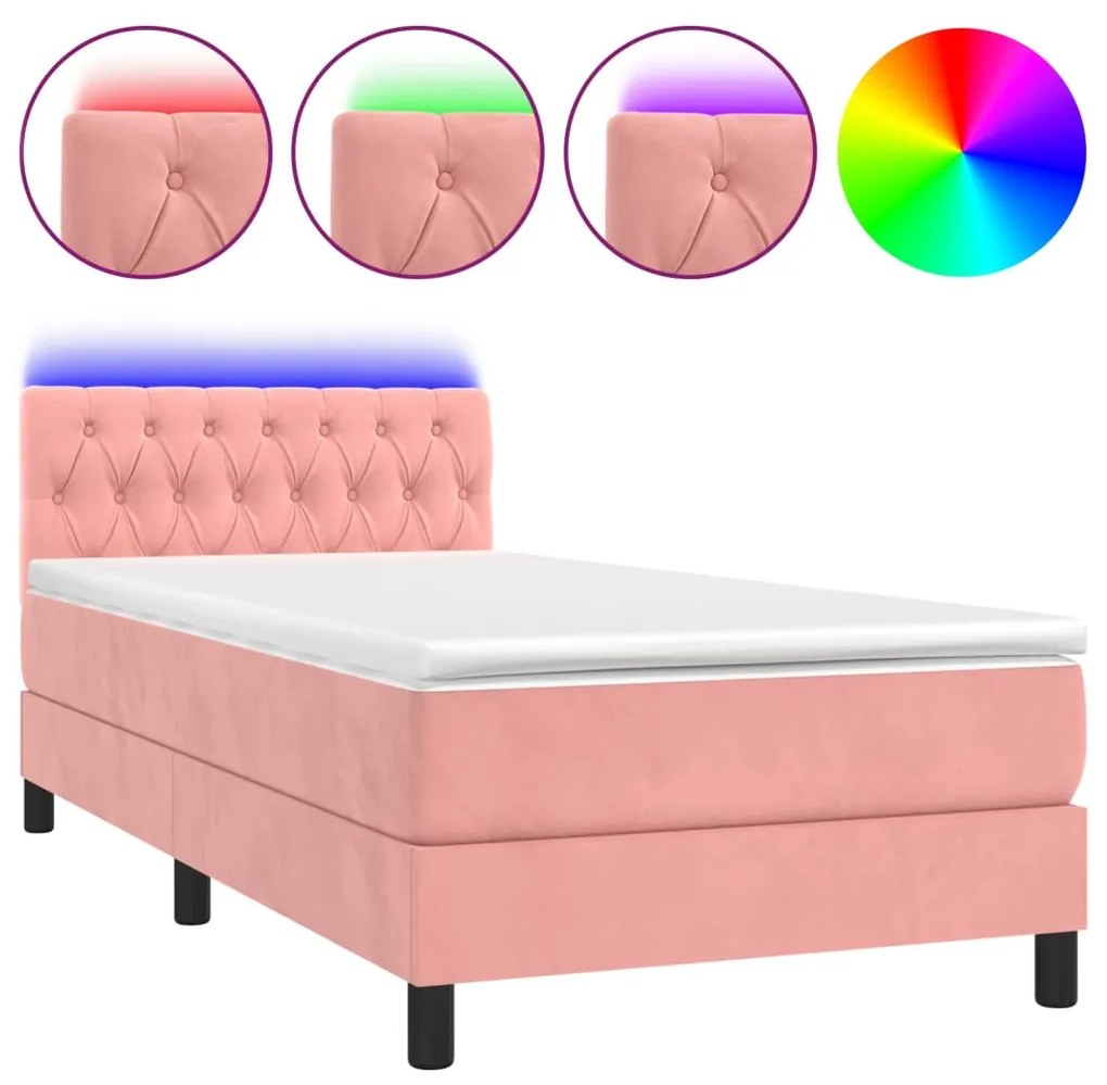 Letto a Molle con Materasso e LED Rosa 90x200 cm in Velluto