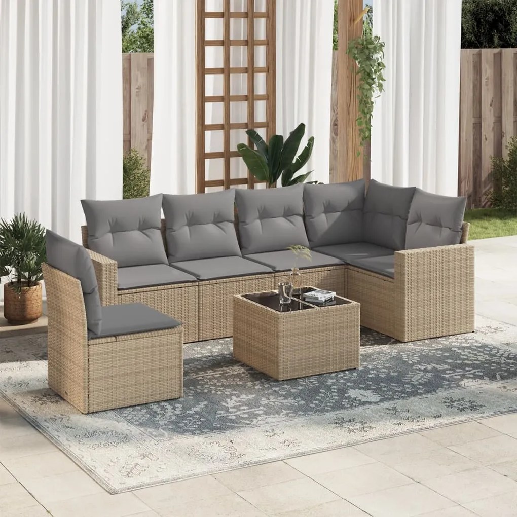 Set divani da giardino 7 pz con cuscini beige in polyrattan