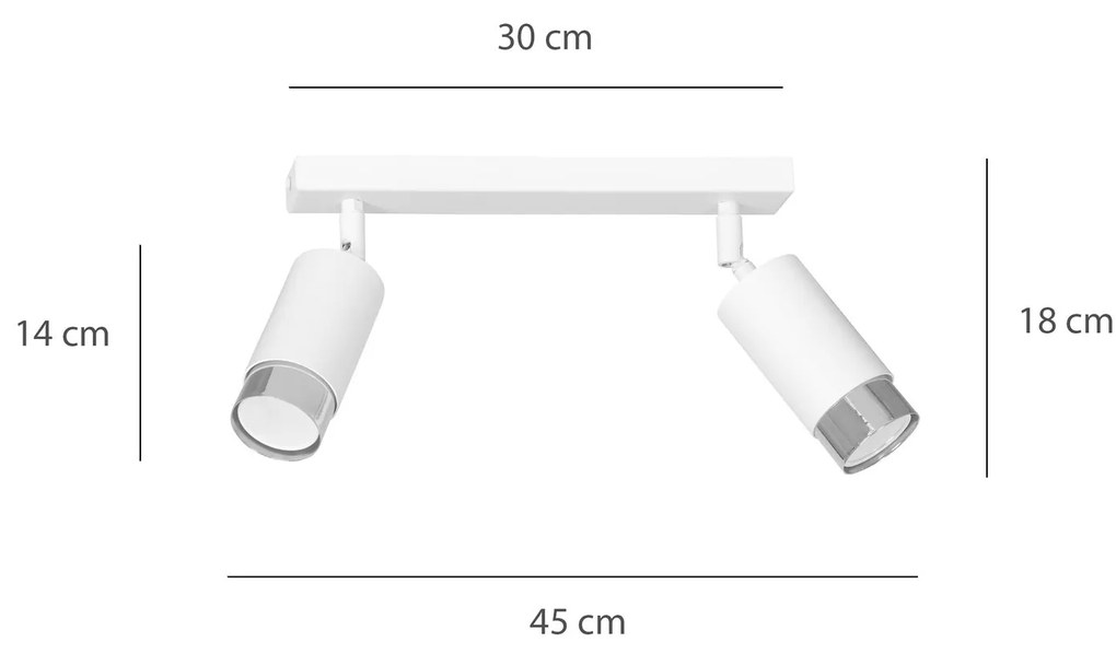 Plafoniera 2 Luci A Faretti Orientabili A Cilindro In Acciaio Bianco E Cromo