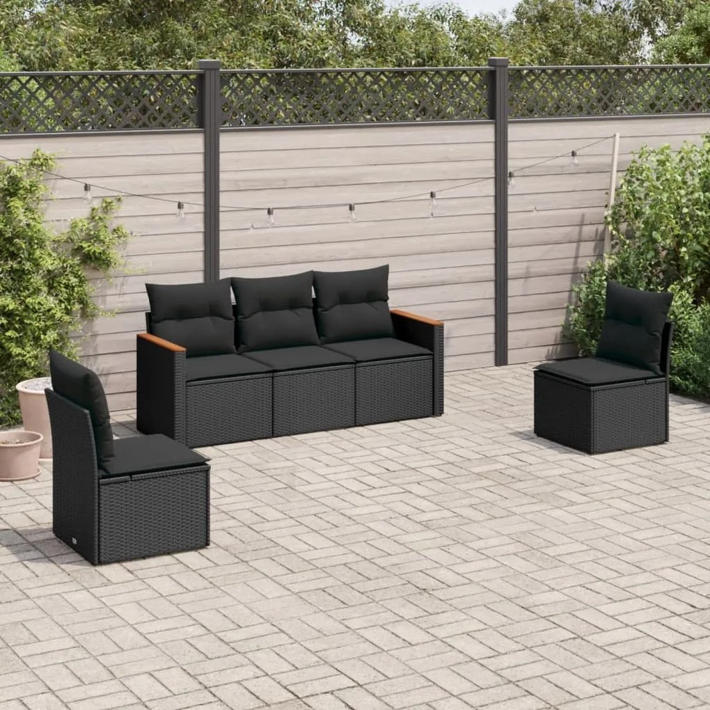 Set divani da giardino 5 pz con cuscini in polyrattan nero