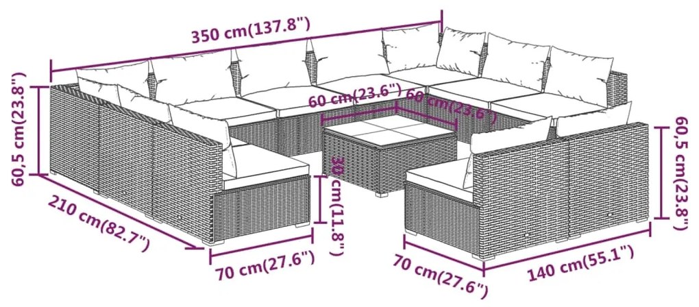 Set Divani da Giardino 12 pz con Cuscini in Polyrattan Grigio