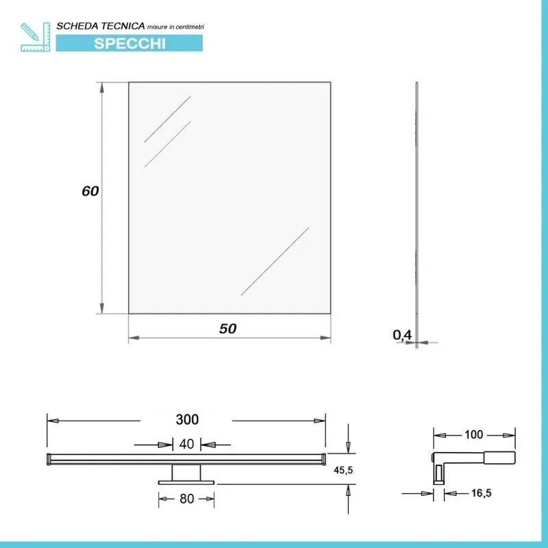 Specchio bagno 50x60 a filo reversibile con lampada naturale 30 cm