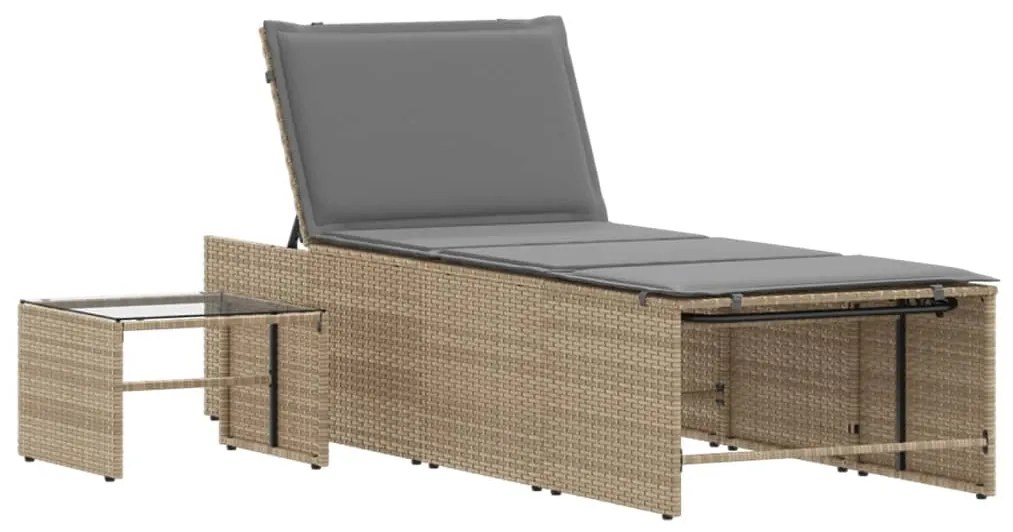 Lettini prendisole 2 pz con tavolino beige in polyrattan