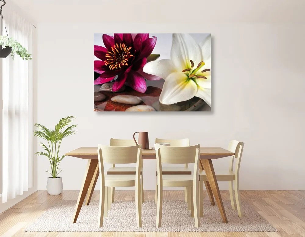 Stampa su tela – Fiori in ciotola con pietre Zen