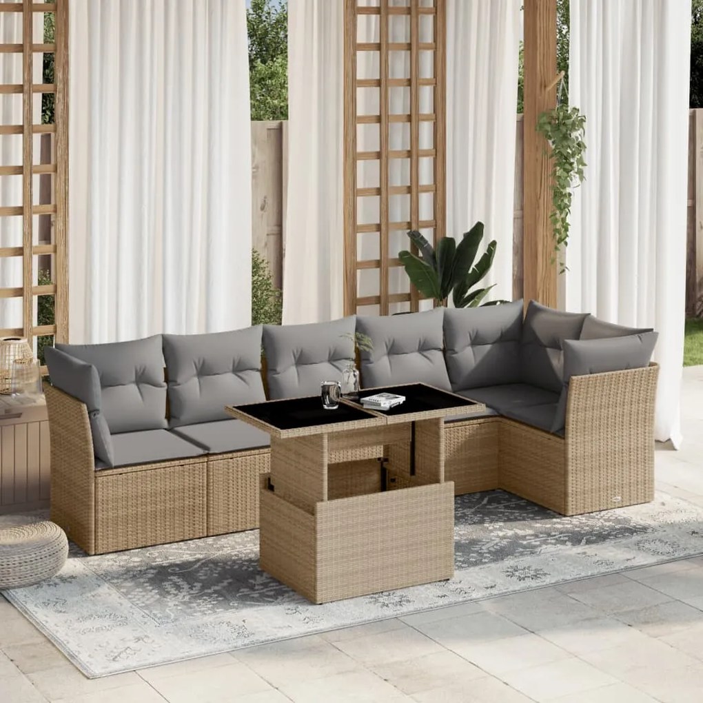 Set divani da giardino 7 pz con cuscini beige in polyrattan