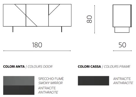 Madia credenza 3 ante in vetro specchio Fumč e cassa Antracite ARTE 180 con 2 piedini