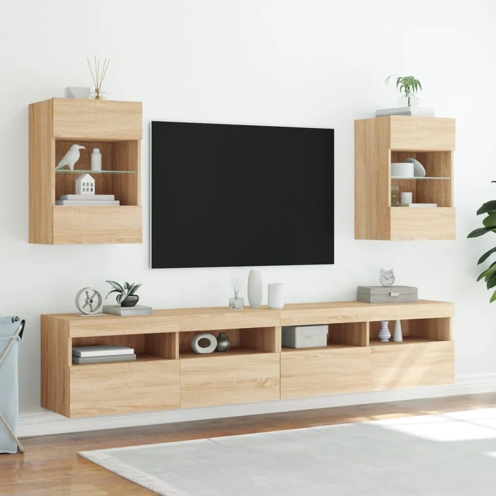 Mobili tv a parete con luci led 2pz rovere sonoma 40x30x60,5 cm