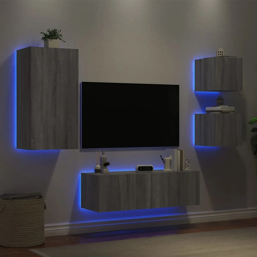 Mobili tv a muro 4pz con luci led grigio sonoma