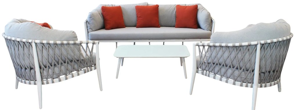 BACHATA - salotto con struttura in alluminio verniciato taupe o bianca, rivestimento in corda in pvc