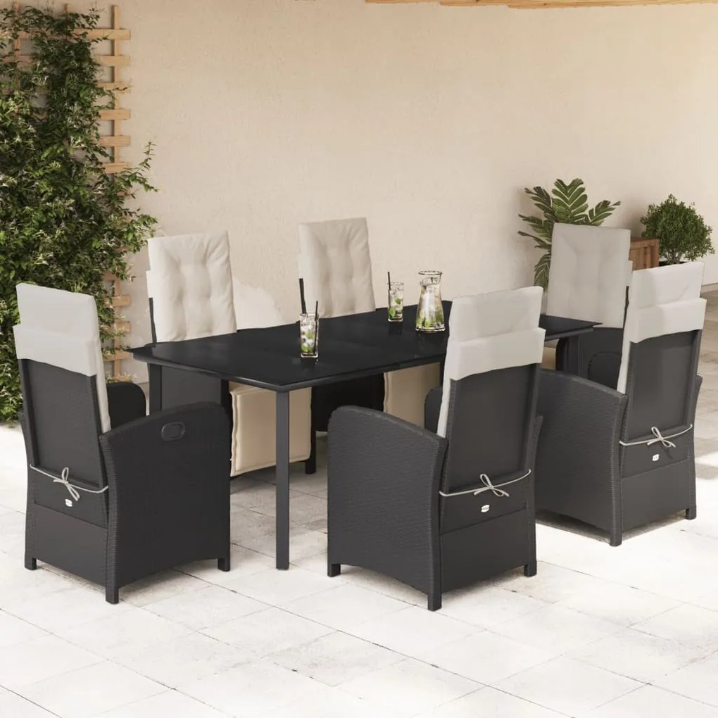 Set da pranzo da giardino 7 pz nero con cuscini in polyrattan