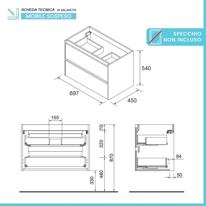 Mobile bagno sospeso 70 cm noce maya con lavabo ad incasso Gaya