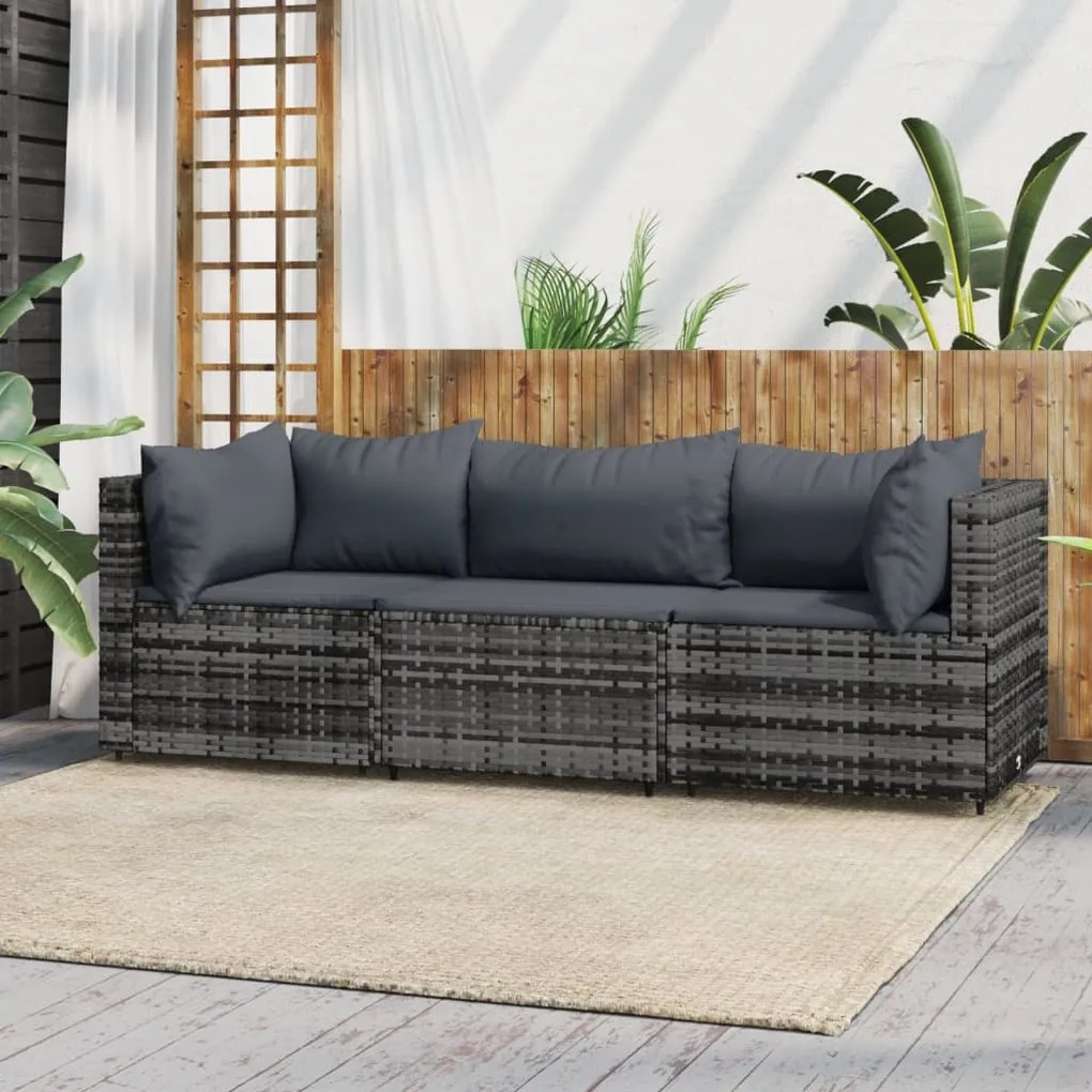 Set divani da giardino 3 pz con cuscini in polyrattan grigio