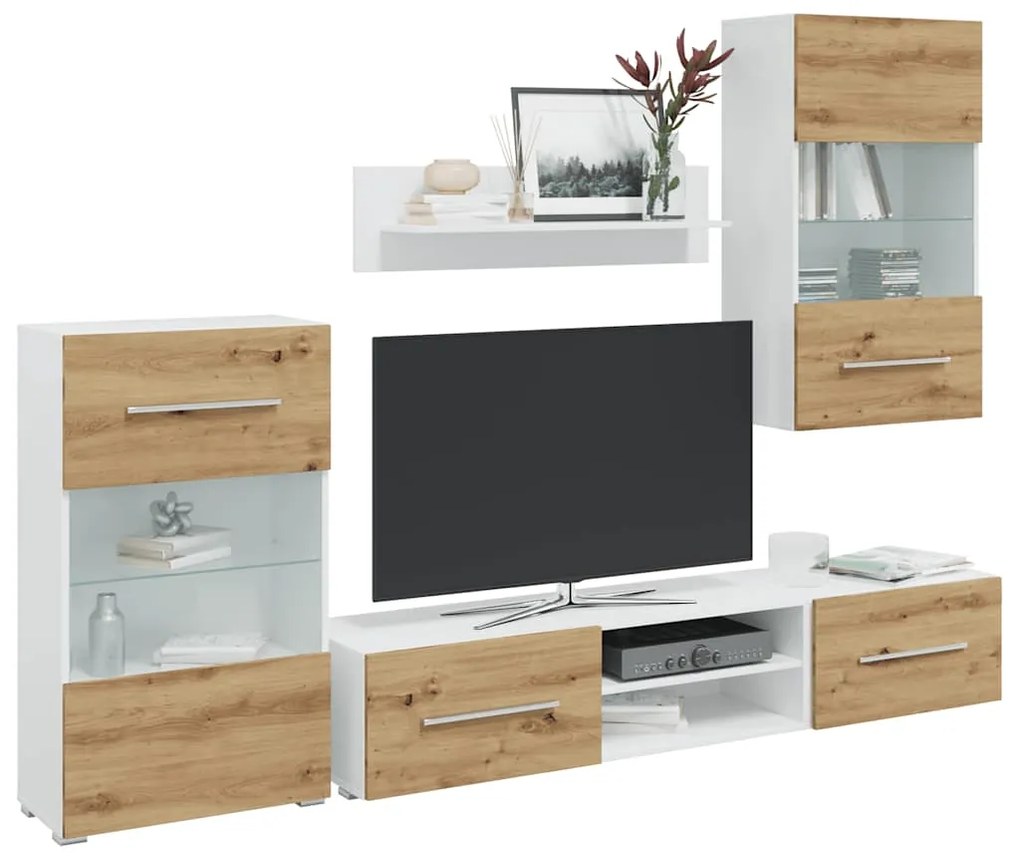Mobile Tv 5 Pz Con Illuminazione A Led Rovere Artigianale /