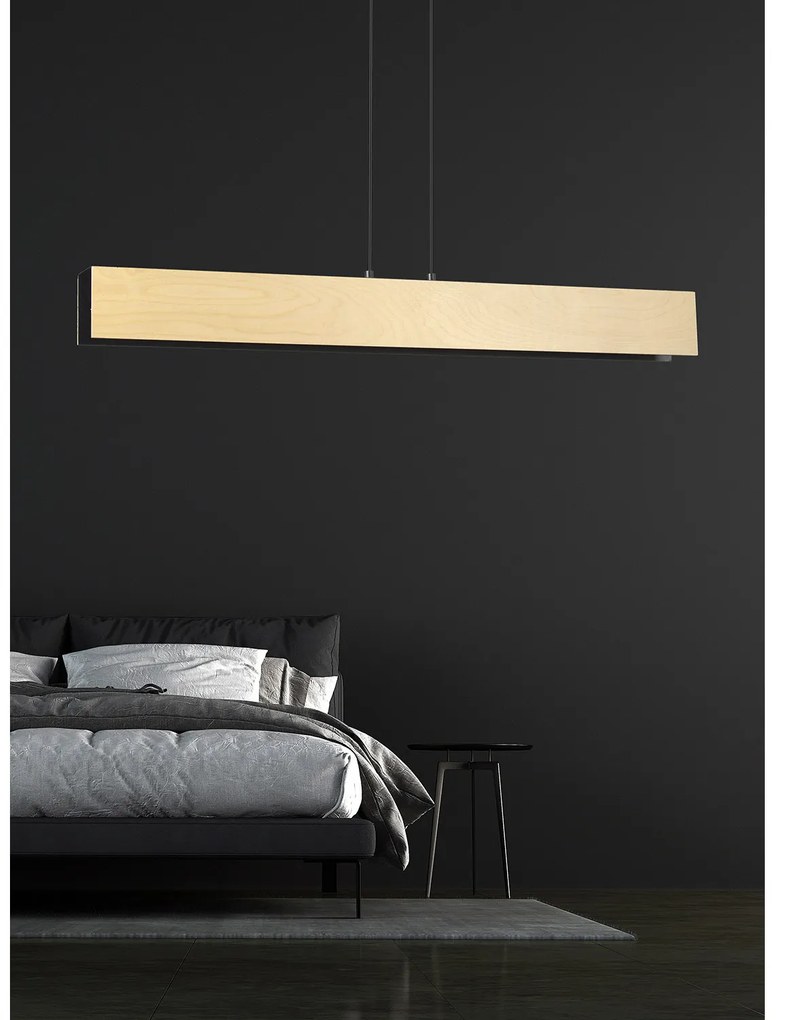 Lampadario 4 Luci Merlino In Acciaio Nero Corpo Rettangolare E Legno Naturale