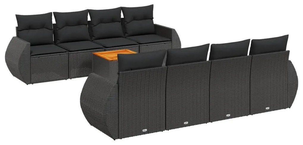 Set divani da giardino 9 pz con cuscini nero in polyrattan