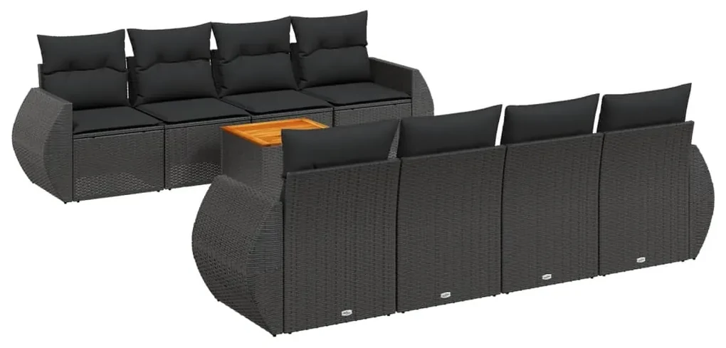 Set divani da giardino 9 pz con cuscini nero in polyrattan