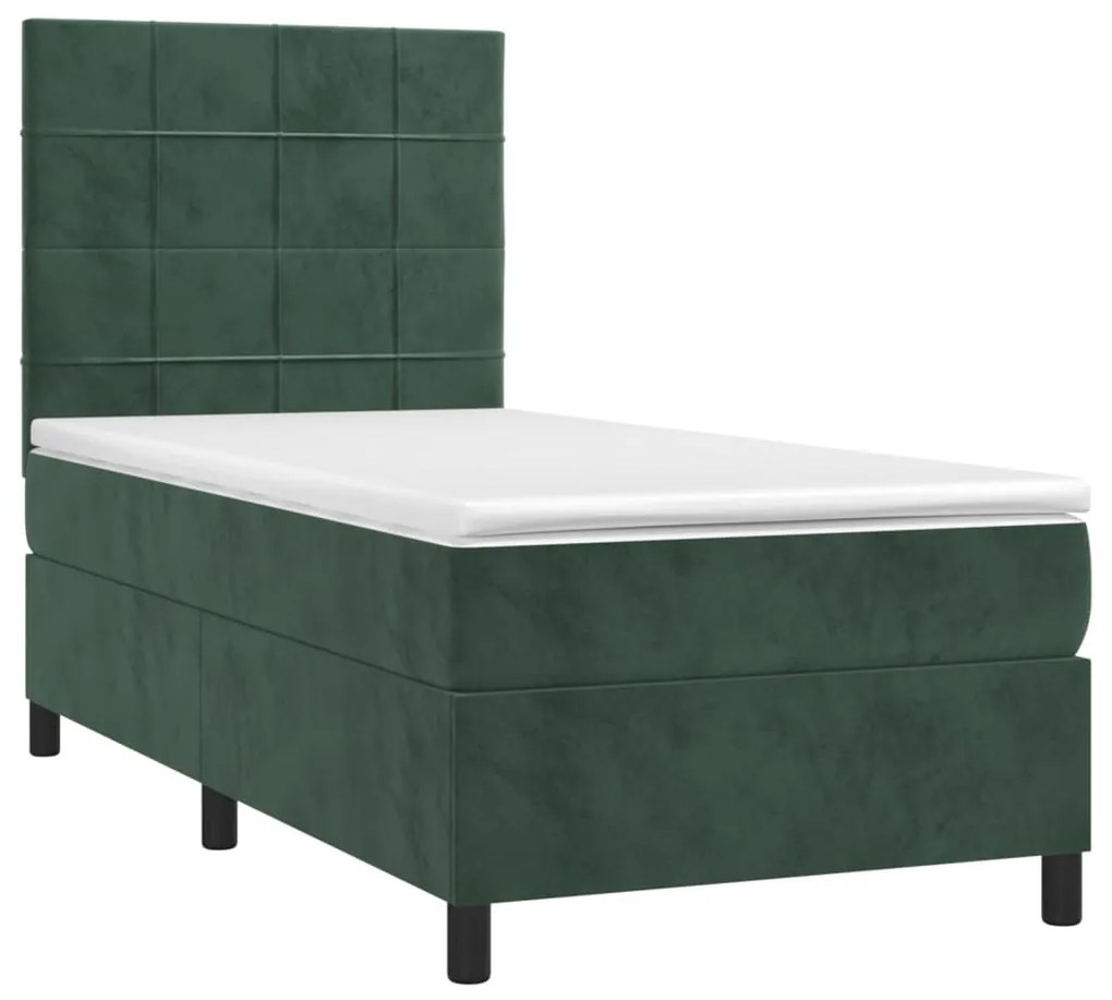 Letto a molle con materasso e led verde scuro 100x200cm velluto