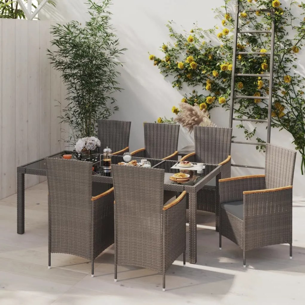 Set da giardino 7 pz con cuscini in polyrattan nero e grigio