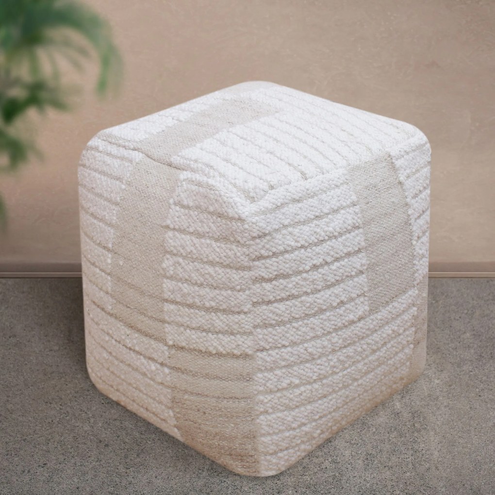 KURT - pouf in lana avorio con decoro 40 x 40