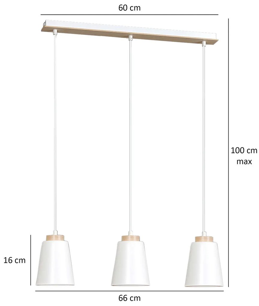 Lampadario 3 Luci Lancillotto Con Paralumi A Cono In Acciaio Bianco E Legno Naturale