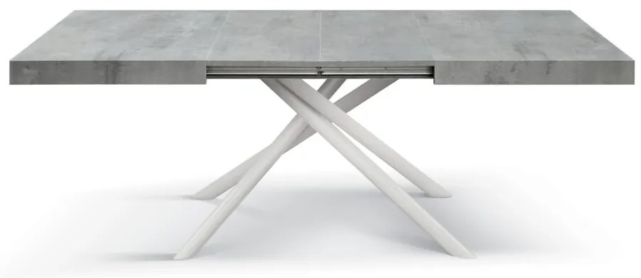 Tavolo CARRARA in legno, finitura grigio cemento e base in metallo verniciato bianco, allungabile 140×90 cm – 220×90 cm