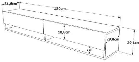 Mobile Tv Sospeso 180x32x30 Effetto Legno Rovere E Rosso Con Vani Frame