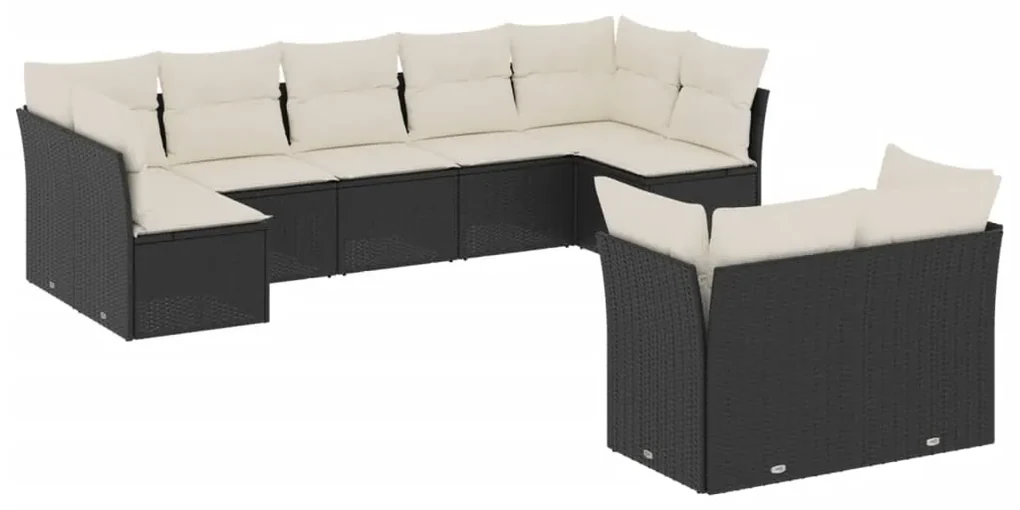 Set divani da giardino 9 pz con cuscini nero in polyrattan