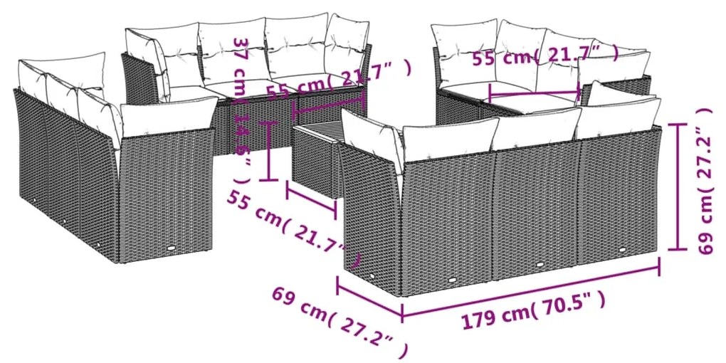 Set Divani da Giardino 13 pz con Cuscini Grigio in Polyrattan