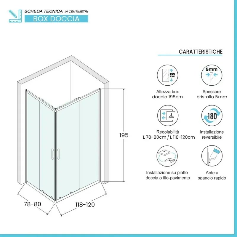 Box doccia angolare 80x120 cm nero opaco con doppio scorrevole Tay