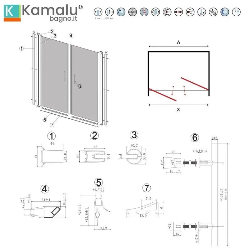 Kamalu - porta doccia saloon 70-75 cm profili neri altezza 200h | ksal2800an
