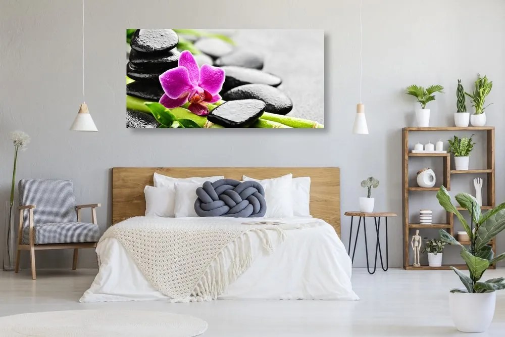 Quadro su tela – Natura morta per il benessere con orchidea viola