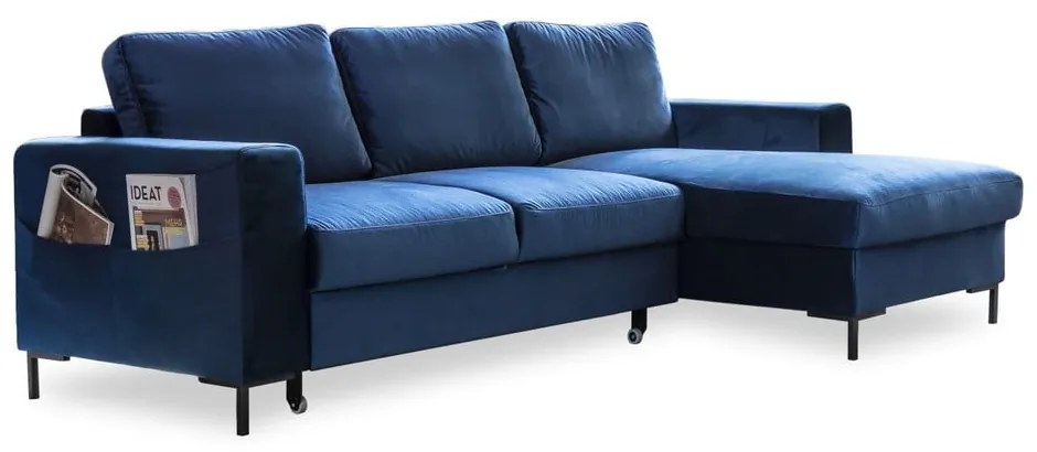 Divano letto angolare in velluto blu navy, angolo destro Lofty Lilly - Miuform