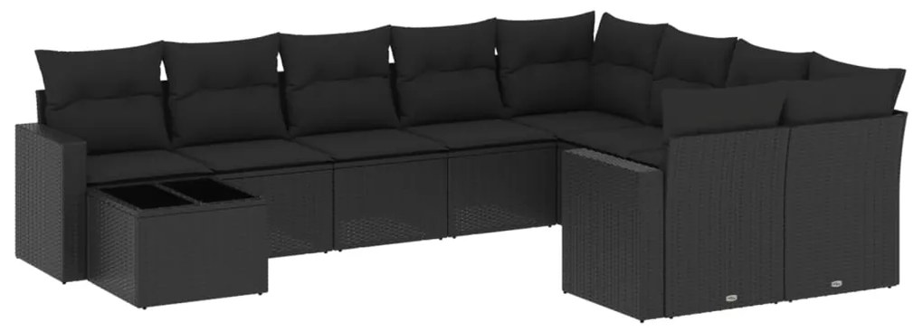 Set divani da giardino 10pz con cuscini in polyrattan nero