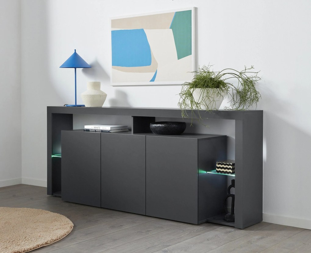 Credenza Essential 3 Ante 200 cm, Ripiani in Vetro, Made in Italy