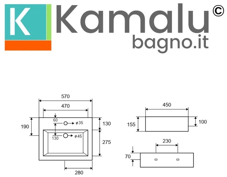 Kamalu - lavabo bagno design sospeso 57cm in ceramica bianca | litos-557