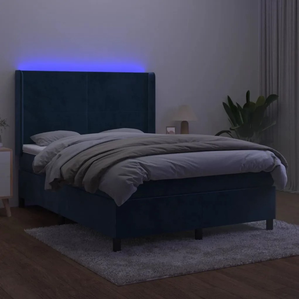 Letto a molle con materasso e led blu scuro 140x190 cm