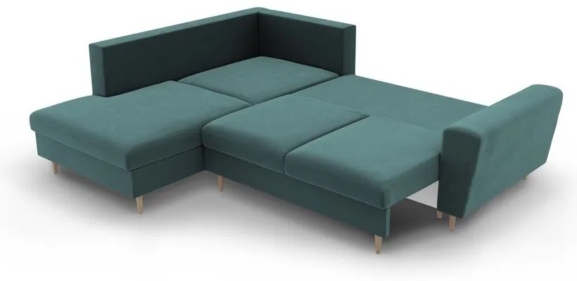 Divano angolare color petrolio allungabile e con contenitore (con penisola a sinistra/a L) con rivestimento in velluto Kyoto – Cosmopolitan Design