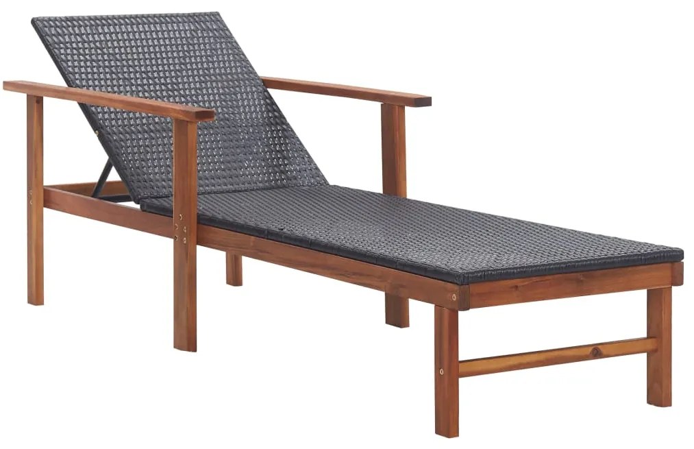Lettino Prendisole Polyrattan E Legno Massello Di Acacia Nero /
