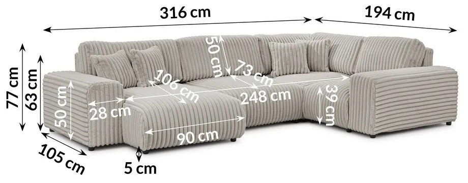 Divano angolare grigio chiaro (con penisola a destra/a U) rivestito in velluto a coste Justin – Ropez