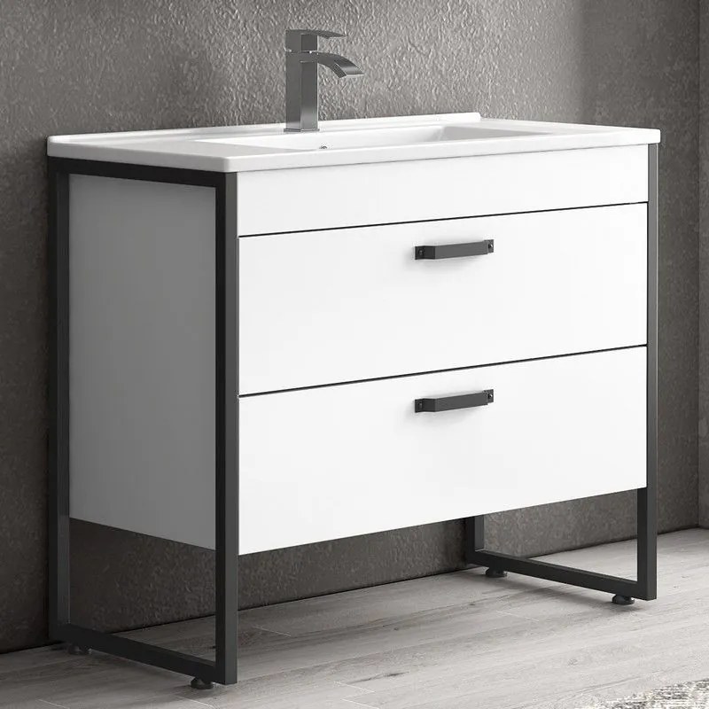 Kamalu - composizione bagno 100cm: mobile con lavabo, specchio contenitore e pensile ikos-85