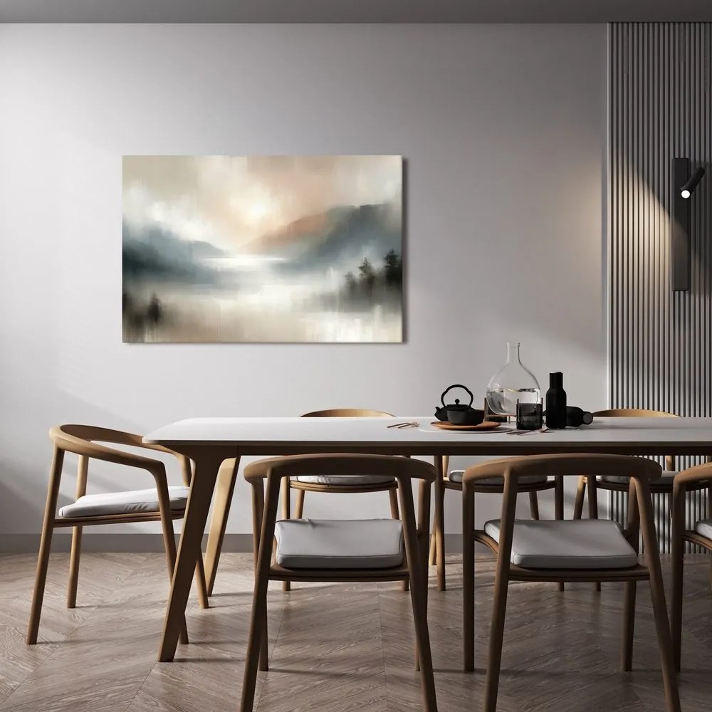 Quadro su tela – Montagne nebbiose e lago